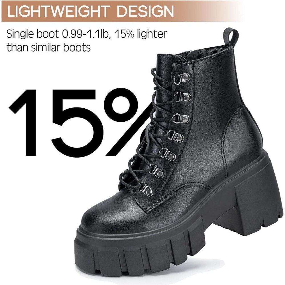 Women’s Combat Black Lace up Side Zipper High Heel Chunky Ankle Lug Sole Booties - Picture 4 of 6